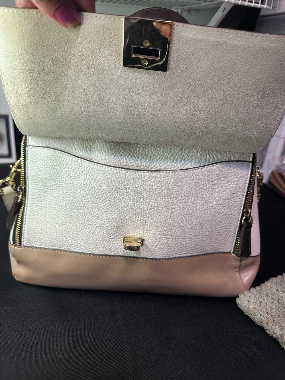Furla Satchel Top Handle Bag Black/Beige Animal Print Zip Detachable Strap